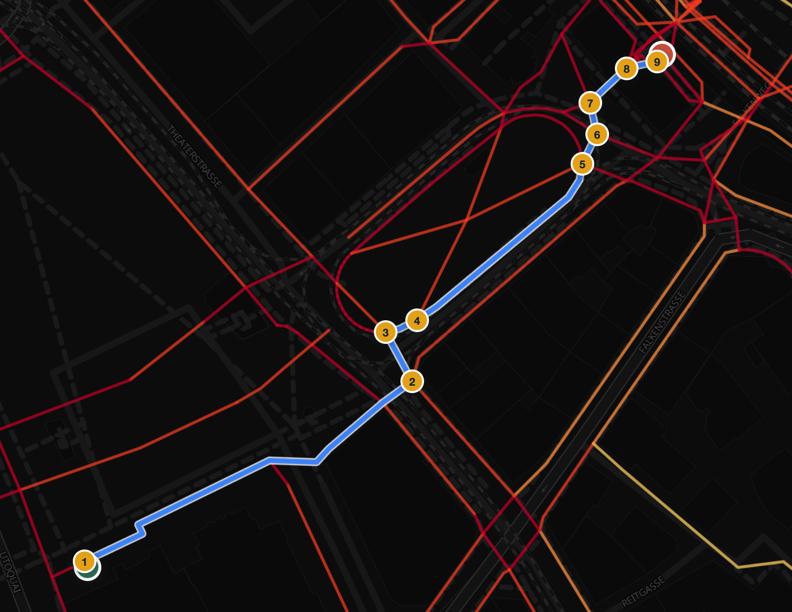 Short route across a square with 9 instruction markers hopping between crossing islands
